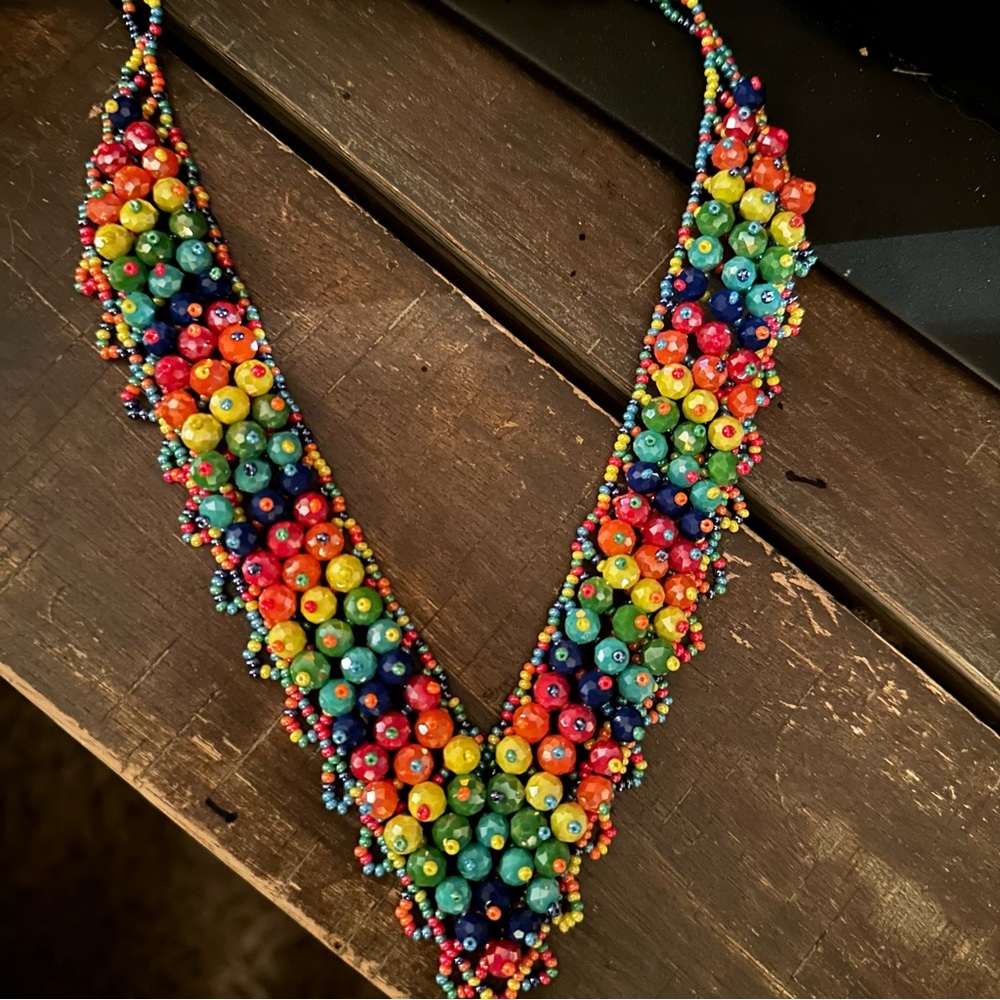 Multicolored Handmade Beaded Chaquira Necklace V-Shaped Statement Boho Choker - Picture 6 of 14